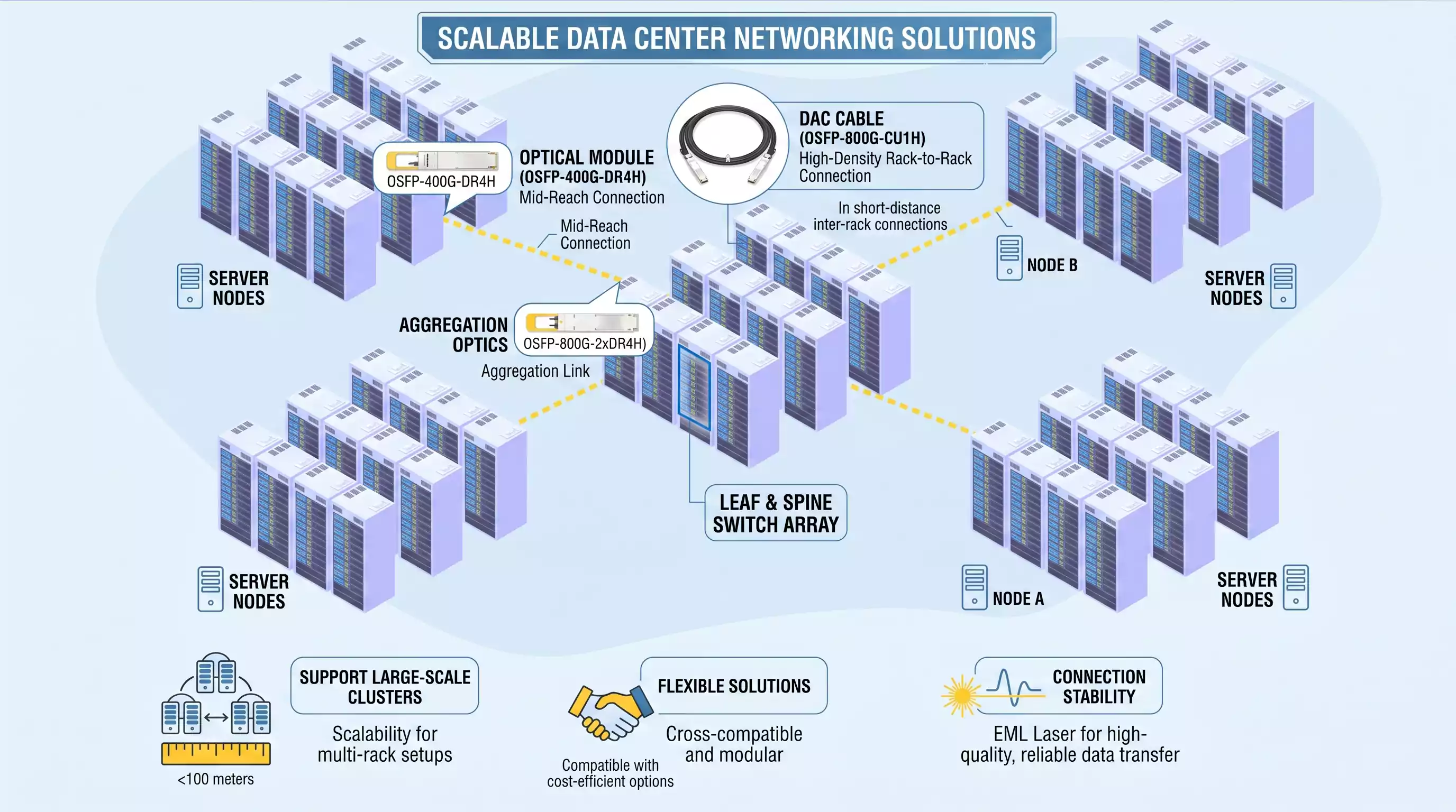 An overview of a scalable data center network solution, featuring server nodes, Leaf & Spine switch arrays, Node A/B configurations, and specific examples of OSFP-400G-DR4H and OSFP-800G-CU1H cable and module applications.